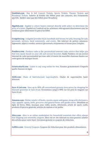 StubHub.com	
  :	
   Buy	
   &	
   Sell	
   Concert	
   Tickets,	
   Sports	
   Tickets,	
   Theater	
   Tickets	
   and	
  
Broadway	
   Tickets.	
   Acheter	
   &	
   Vendre	
   des	
   billets	
   pour	
   des	
   concerts,	
   des	
   évènements	
  
sportifs,	
  	
  théâtre	
  ainsi	
  que	
  des	
  billets	
  pour	
  Broadway.	
  

	
  
Zigabid.com	
  :	
   Zigabid	
   is	
   where	
   buyers	
   interact	
   directly	
   with	
   sellers	
   to	
   determine	
   the	
  
price	
  of	
  a	
  ticket.	
  Zigabid	
  est	
  l'endroit	
  où	
  les	
  acheteurs	
  interagissent	
  directement	
  avec	
  les	
  
vendeurs	
  pour	
  déterminer	
  le	
  prix	
  d'un	
  billet.	
  

	
  
Craigslist.org	
  :	
  craigslist	
  provides	
  local	
  classifieds	
  and	
  forums	
  for	
  jobs,	
  housing,	
  for	
  sale,	
  
personals,	
   services,	
   local	
   community,	
   and	
   events.	
   Site	
   internet	
   de	
   petites	
   annonces:	
  
logements,	
  objets	
  à	
  vendre,	
  services	
  personnels,	
  évènements	
  et	
  forum	
  pour	
  l’emploi.	
  	
  
	
  

Pandora.com	
  :	
  Pandora	
  radio	
  is	
  the	
  personalized	
  internet	
  radio	
  service	
  that	
  helps	
  you	
  
find	
   new	
   music	
   based	
   on	
   your	
   old	
   and	
   current	
   favorites.	
   Radio	
   Pandora	
   est	
   un	
   service	
  
Internet	
  de	
  radio	
  personnalisé	
  qui	
  vous	
  aide	
  à	
  trouver	
  de	
  nouvelles	
  chansons	
  basées	
  sur	
  
votre	
  genre	
  de	
  musique	
  favori.	
  

	
  
Grooveshark.com	
  :	
  Listen	
  to	
  any	
  song	
  online	
  for	
  free.	
  Ecoutez	
  gratuitement	
  n’importe	
  
quelle	
  chanson	
  en	
  ligne.	
  
	
  
ALDI.com	
  :	
   Chain	
   of	
   hard-­‐discount	
   supermarkets.	
   Chaîne	
   de	
   supermachés	
   hard-­‐
discount.	
  	
  
	
  

Save-­A-­Lot.com	
  :	
  Save	
  up	
  to	
  40%	
  off	
  conventional	
  grocery	
  store	
  prices	
  by	
  shopping	
  for	
  
discount	
   groceries	
   at	
   Save-­‐A-­‐Lot.	
   Economisez	
   jusqu'à	
   40%	
   sur	
   les	
   prix	
   en	
   magasin	
   sur	
  
Save-­‐A-­‐Lot.	
  
	
  
Amazon.com	
  :	
  Online	
  retailer	
  of	
  books,	
  movies,	
  music	
  and	
  games	
  along	
  with	
  electronics,	
  
toys,	
  apparel,	
  sports,	
  tools,	
  groceries	
  and	
  general	
  home	
  and	
  garden	
  items.	
  Détaillant	
  en	
  
ligne	
   de	
   livres,	
   films,	
   musique,	
   jeux	
   vidéo,	
   jouets,	
   vêtements,	
   article	
   de	
   sport,	
   outils,	
  
produits	
  d'épicerie	
  générale,	
  articles	
  de	
  maison	
  et	
  de	
  jardin.	
  
	
  

Alice.com	
  :	
   Alice	
   is	
   an	
   online	
   marketplace	
   for	
   household	
   essentials	
   that	
   offers	
   always	
  
free	
  shipping	
  and	
  automatic	
  coupons.	
  Alice	
  est	
  un	
  site	
  internet	
  ou	
  vous	
  pourrez	
  acheter	
  
des	
  articles	
  pour	
  votre	
  foyer.	
  Livraison	
  gratuite	
  et	
  coupons	
  de	
  réduction.	
  
	
  
	
  
Cellfire.com	
  :	
  Grocery	
  Coupons.	
  Coupons	
  de	
  réduction	
  pour	
  des	
  produits	
  alimentaires.	
  	
  

	
                                                                                                                                           8	
  
 