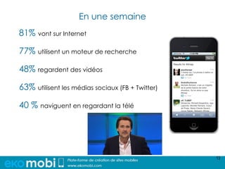 En une semaine
81% vont sur Internet

77% utilisent un moteur de recherche

48% regardent des vidéos

63% utilisent les médias sociaux (FB + Twitter)

40 % naviguent en regardant la télé




                                                  13
 