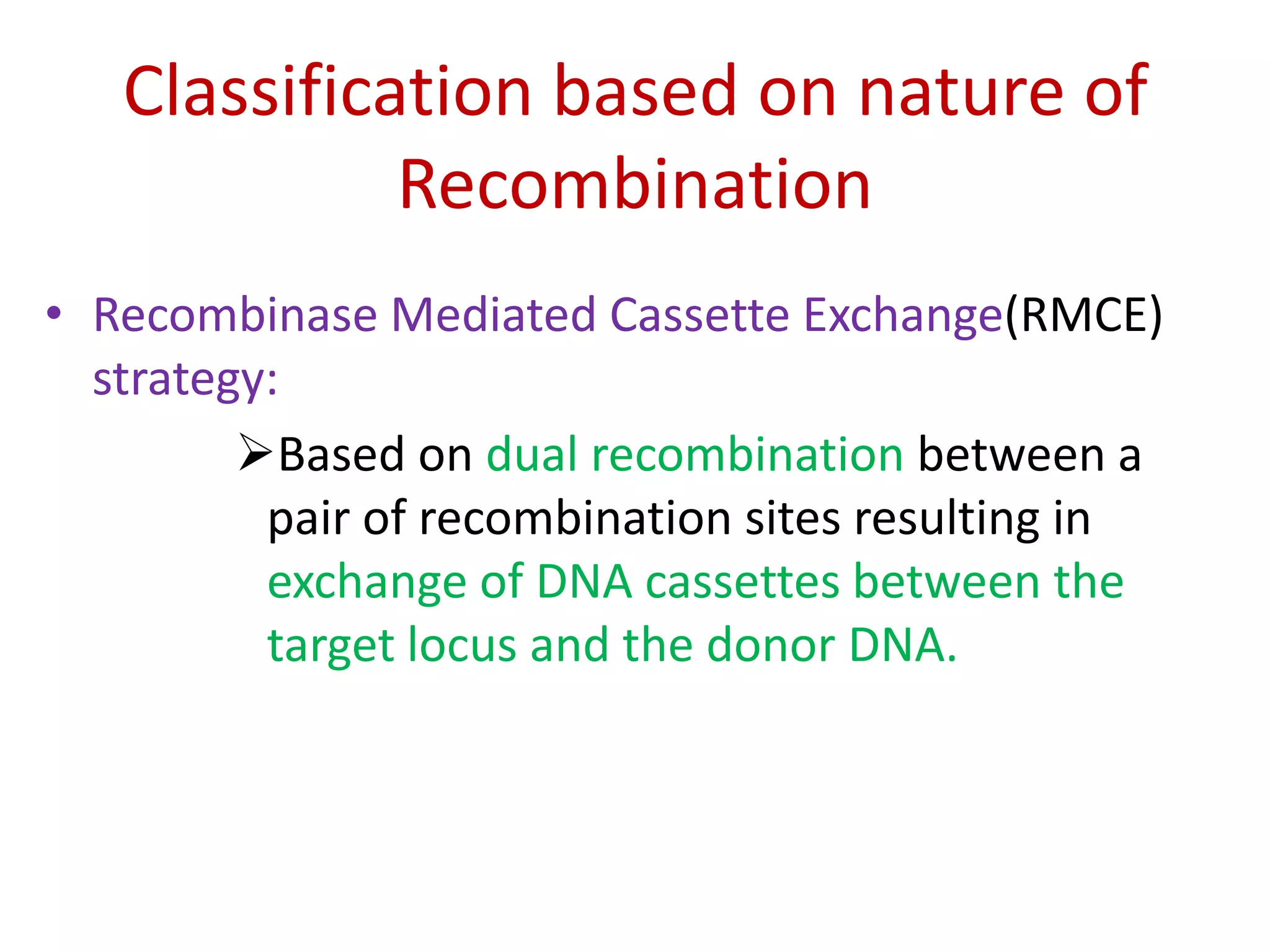 Classification based on nature of
Recombination
• Recombinase Mediated Cassette Exchange(RMCE)
strategy:
Based on dual recombination between a
pair of recombination sites resulting in
exchange of DNA cassettes between the
target locus and the donor DNA.
 