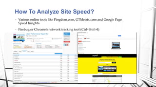 • Various online tools like Pingdom.com, GTMetrix.com and Google Page
Speed Insights.
• Firebug or Chrome’s network tracking tool (Ctrl+Shift+I)
How To Analyze Site Speed?
 