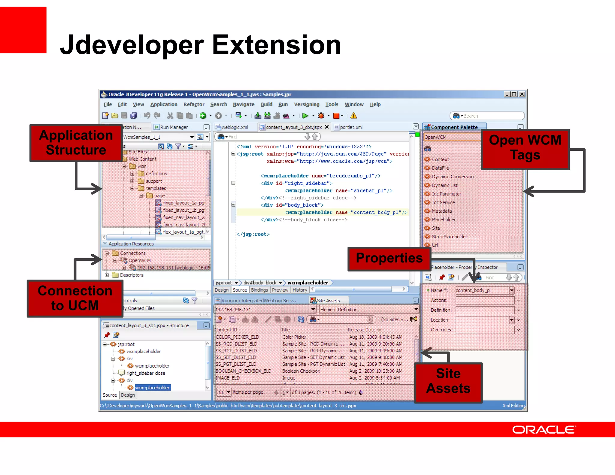 Jdeveloper Extension


Application                                     Open WCM
 Structure                                        Tags




                          Properties

Connection
 to UCM



                                        Site
                                       Assets
 