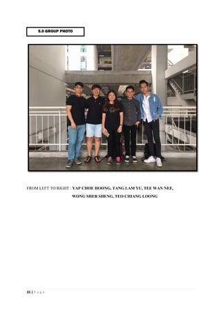 35 | P a g e
FROM LEFT TO RIGHT : YAP CHOE HOONG, TANG LAM YU, TEE WAN NEE,
WONG SHER SHENG, TEO CHIANG LOONG
5.0 GROUP PHOTO
 