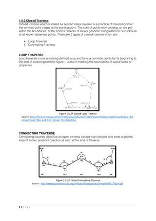 6 | P a g e
1.5.2 Closed Traverse
Closed traverse which is called as second class traverse is a practice of traversing when
the terminal point closes at the starting point. The control points may envelop, or are set
within the boundaries, of the control network. It allows geodetic triangulation for sub-closure
of all known observed points. There are 2 types of closed traverse which are:
 Loop Traverse
 Connecting Traverse
LOOP TRAVERSE
Loop traverse is one enclosing defined area and have a common points for its beginning to
the end. A closed geometric figure – useful in marking the boundaries of wood/ lakes or
properties.
CONNECTING TRAVERSE
Connecting traverse looks like an open traverse except that it begins and ends at points/
lines of known position/ direction at each of the end of traverse
Figure 1.5.2A Closed Loop Traverse
Source :http://files.carlsonsw.com/mirror/manuals/Carlson_2014/source/CGSurvey/CGTrav/Reduce_Tra
verse/Closed_Beg_and_End_known_Traverse.bmp
Figure 1.5.2A Closed Connecting Traverse
Source : http://www.globalsecurity.org/military/library/policy/army/fm/6-2/fig5-6.gif
 
