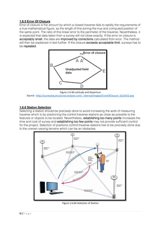 9 | P a g e
1.6.5 Error Of Closure
Error of closure is the amount by which a closed traverse fails to satisfy the requirements of
a true mathematical figure, as the length of line joining the true and computed position of
the same point. The ratio of this linear error to the perimeter of the traverse. Nevertheless, it
is expected that data taken from a survey will not close exactly. If the error on closure is
acceptably small, the data are improved by corrections calculated from error. The method
will then be explained in text further. If the closure exceeds acceptable limit, surveys has to
be repeated.
1.6.6 Station Selection
Selecting a station should be precisely done to avoid increasing the work of measuring
traverse which is by positioning the control traverse stations as close as possible to the
features or objects to be located. Nevertheless, establishing too many points increases the
time and cost of survey and establishing too few points may not provide sufficient control
for the project. Selection of positions control traverse stations has to be precisely done due
to the uneven varying terrains which can be an obstacles.
Figure 1.6.4A Latitude and Departure
Source : http://surveying.structural-analyser.com/_internal/images/ErrorOfClosure_622x416.png
Figure 1.6.6A Selection of Station
 