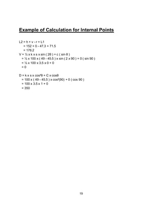 19
Example of Calculation for Internal Points
L2 = h + v - r + L1
= 152 + 0 - 47.3 + 71.5
= 176.2
V = ½ x k x s x sin ( 2θ ) + c ( sin θ )
= ½ x 100 x ( 49 - 45.5 ) x sin ( 2 x 90 ) + 0 ( sin 90 )
= ½ x 100 x 3.5 x 0 + 0
= 0
D = k x s x cos²θ + C x cosθ
= 100 x ( 49 - 45.5 ) x cos²(90) + 0 ( cos 90 )
= 100 x 3.5 x 1 + 0
= 350
 