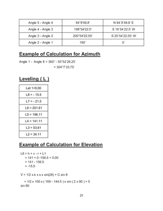 21
Angle 5 - Angle 4 84°8'48.8' N 84˚8’48.8’ E
Angle 4 - Angle 3 198°54'22.5' S 18˚54’22.5’ W
Angle 3 - Angle 2 200°54'22.55' S 20˚54’22.55’ W
Angle 2 - Angle 1 180˚ 0˚
Example of Calculation for Azimuth
Angle 1 - Angle 8 = 360° - 55°52’26.25’
= 304°7’33.75’
Leveling ( L )
Let 1=0.00
L8 = - 15.5
L7 = - 21.5
L6 = 201.61
L5 = 196.11
L4 = 141.11
L3 = 53.61
L2 = 34.11
Example of Calculation for Elevation
L8 = h + v - r + L1
= 141 + 0 -156.5 + 0.00
= 141 - 156.5
= -15.5
V = 1/2 x k x s x sin(2θ) + C sin θ
= 1/2 x 100 x ( 169 - 144.5 ) x sin ( 2 x 90 ) + 0
sin 90
 