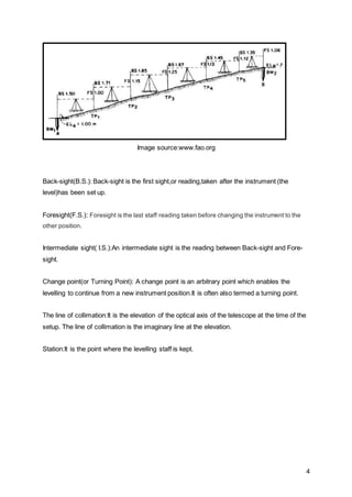 4
Image source:www.fao.org
Back-sight(B.S.): Back-sight is the first sight,or reading,taken after the instrument (the
level)has been set up.
Foresight(F.S.): Foresight is the last staff reading taken before changing the instrument to the
other position.
Intermediate sight( I.S.):An intermediate sight is the reading between Back-sight and Fore-
sight.
Change point(or Turning Point): A change point is an arbitrary point which enables the
levelling to continue from a new instrument position.It is often also termed a turning point.
The line of collimation:It is the elevation of the optical axis of the telescope at the time of the
setup. The line of collimation is the imaginary line at the elevation.
Station:It is the point where the levelling staff is kept.
 