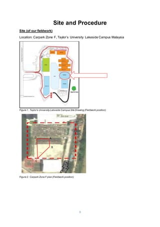 8
Site and Procedure
Site (of our fieldwork)
Location: Carpark Zone F, Taylor’s University Lakeside Campus Malaysia
Figure 1. Taylor’s University Lakeside Campus Site Drawing (Fieldwork position)
Figure 2. Carpark Zone F plan (Fieldwork position)
D A
B
C
 