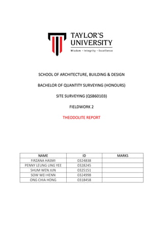 SCHOOL	OF	ARCHITECTURE,	BUILDING	&	DESIGN	
	
BACHELOR	OF	QUANTITY	SURVEYING	(HONOURS)	
	
SITE	SURVEYING	(QSB60103)	
	
FIELDWORK	2	
	
THEODOLITE	REPORT				
	
	
	
	
	
	
	
NAME		 ID		 MARKS		
FIRZANA	HASMI	 0324838	 	
PENNY	LEUNG	LING	YEE	 0328245	 	
SHUM	WEN	JUN	 0325151	 	
SOW	WEI	HENN	 0324998	 	
ONG	CHIA	HONG	 0318458	 	
	
	
	
	
	
 