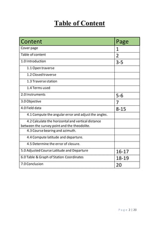 P a g e 2 | 20
Table of Content
Content Page
Cover page 1
Table of content 2
1.0 Introduction 3-5
1.1 Open traverse
1.2 Closed traverse
1.3 Traversestation
1.4 Terms used
2.0 Instruments 5-6
3.0 Objective 7
4.0 Field data 8-15
4.1 Compute the angular error and adjustthe angles.
4.2 Calculate the horizontaland vertical distance
between the survey pointand the theodolite.
4.3 Coursebearing and azimuth.
4.4 Compute latitude and departure.
4.5 Determine the error of closure.
5.0 Adjusted CourseLatitude and Departure 16-17
6.0 Table & Graph of Station Coordinates 18-19
7.0 Conclusion 20
 