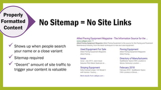No Sitemap = No Site Links
 Shows up when people search
your name or a close variant
 Sitemap required
 “Decent” amount of site traffic to
trigger your content is valuable
Properly
Formatted
Content
 