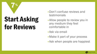 Start Asking
for Reviews
•Don’t confuse reviews and
testimonials
•Allow people to review you in
any medium they feel
comfortable in
•Ask via email
•Make it part of your process
•Ask when people are happiest
7%
 