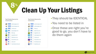 Clean Up Your Listings
•They should be IDENTICAL
•You need to be listed in
•Once these are right you’re
good to go, you don’t have to
do them again
8%
 