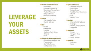 Client & Non-Client Contacts
• Email List
• Mailing Address List
• Facebook Friends/Fans
• Twitter Followers
• Blog Followers
• Email Subscribers
Capital
• Services for Trade
• Funds to Invest
Staff
• Sales
• Designers
• Writers
• Delivery Truck Drivers
• Interns
• Kids
Ready Made Marketing Materials
• Previously Designed Ads
• Testimonials
• Portfolio Photos
• Ad Specialty Items
Sphere of Influence
• Strategic Alliances
• BNI Chapter
• Rotary Group
• Neighborhood Association
• Church
• Gym
• Country Club
Location
• Shared Building Space
• Signage
• Window/Display Space
• Sidewalks
Equipment
• Printer
• Company Cars
• CRM
• Smart Phones
Processes
• Checkout
• Sales
LEVERAGE
YOUR
ASSETS
 