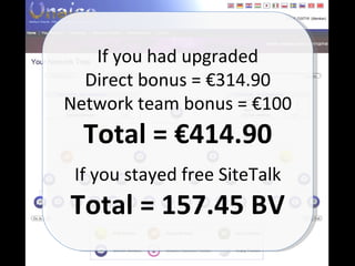 If you had upgraded Direct bonus = €314.90 Network team bonus = €100 Total = €414.90 If you stayed free SiteTalk Total = 157.45 BV 