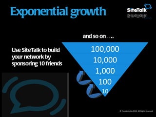 Use SiteTalk to build your network by sponsoring 10 friends and so on ….. © Presidentclub 2010. All Rights Reserved. Exponential growth 