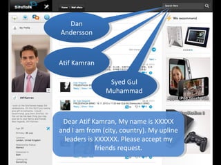 Atif Kamran Dan Andersson Dear Atif Kamran, My name is XXXXX and I am from (city, country). My upline leaders is XXXXXX. Please accept my friends request. Syed Gul Muhammad 
