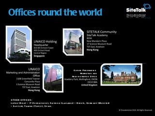 © Presidentclub 2010. All Rights Reserved. Offices round the world UNAICO Marketing and Administration Office 1508 Greenfield Towner Concordia Plaza 1 Science Museum Road TST East, Kowloon Hong Kong Oxford Programme  Marketing and Administration Office Howbery Park, Wallingford, OXON OX10 8BA United Kingdom SITETALK Community SiteTalk Academy 803A New Mandarin Plaza 17 Science Museum Road TST East, Kowloon Hong Kong UNAICO  Holding Headquarter #19-08 Orchard Tower 400 Orchard Road Central Region Singapore OTHER OFFICES: Latvia (Riga) - IT Development, Slovenia (Ljubljana) – Events, Germany (Munster) – Support, Taiwan (Taipei), Spain. 