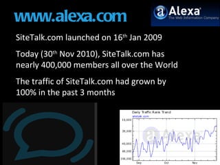 SiteTalk.com launched on 16 th  Jan 2009 Today (30 th  Nov 2010), SiteTalk.com has nearly 400,000 members all over the World The traffic of SiteTalk.com had grown by 100% in the past 3 months  © Presidentclub 2010. All Rights Reserved. www.alexa.com 