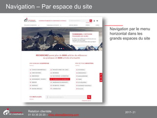 2017- 21Relation clientèle
01 53 35 20 20 – infos.clients@teching.com
Navigation – Par espace du site
Navigation par le menu
horizontal dans les
grands espaces du site
 