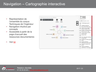 2017- 23Relation clientèle
01 53 35 20 20 – infos.clients@teching.com
Navigation – Cartographie interactive
• Représentation de
l’ensemble du corpus
Techniques de l’Ingénieur
• Navigation intuitive par
concepts
• Accessible à partir de la
page d’accueil des
ressources documentaires
• Voir ici
 