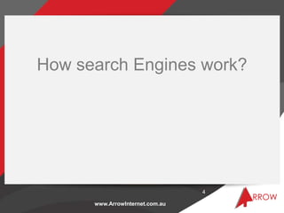 How search Engines work?




                                 4

      www.ArrowInternet.com.au
 