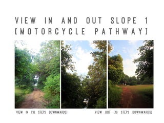 V i e w I n a n d O u t S l o p e 1
[ M o t o r c y c l e p a t h w a y ]
View in [10 steps downwards] View out [10 steps downwards]
 