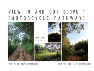 V i e w I n a n d O u t S l o p e 1
[ M o t o r c y c l e p a t h w a y ]
View in [30 steps downwards] View out [30 steps downwards]
View at the
s i d e
 