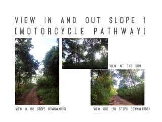V i e w I n a n d O u t S l o p e 1
[ M o t o r c y c l e p a t h w a y ]
View in [60 steps downwards] View out [60 steps downwards]
View at the side
 