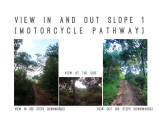 V i e w I n a n d O u t S l o p e 1
[ M o t o r c y c l e p a t h w a y ]
View in [80 steps downwards] View out [80 steps downwards]
View at the side
 