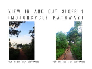 V i e w I n a n d O u t S l o p e 1
[ M o t o r c y c l e p a t h w a y ]
View in [100 steps downwards] View out [100 steps downwards]
 
