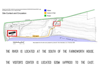 The river is located at the South of the Farnsworth House.
The visitor's center is located 520m (approx) to the East.
 