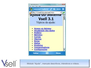 Manuais descritivos e interativos Módulo “Ajuda” , manuais descritivos, interativos e vídeos. 