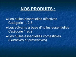 NOS PRODUITS :

Les huiles essentielles olfactives
Catégorie 1, 2,3
Les solvants à base d’huiles essentielles
Catégorie 1 et 2
Les huiles essentielles comestibles
(Curatives et préventives)
 