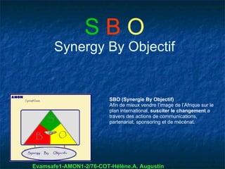 SBO
       Synergy By Objectif


                         SBO (Synergie By Objectif)
                         Afin de mieux vendre l’image de l’Afrique sur le
                         plan international, susciter le changement a
                         travers des actions de communications,
                         partenariat, sponsoring et de mécénat.




Evamsafe1-AMON1-2/76-COT-Hélène.A. Augustin
 