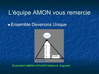 L'équipe AMON vous remercie
Ensemble Devenons Unique




 Evamsafe1-AMON1-2/76-COT-Hélène.A. Augustin
 