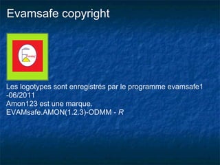 Evamsafe copyright




Les logotypes sont enregistrés par le programme evamsafe1
-06/2011
Amon123 est une marque.
EVAMsafe.AMON(1.2.3)-ODMM - R
 