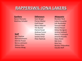 RAPPERSWIL-JONA LAKERS
Gardiens           Défenseurs        Attaquants
Daniel Manzato     Sven Berger       Brandon Reid
Matthias Schoder   Florian Blatter   Lukas Grauwiler
                   Cyrill Geyer      Loïc Burkhalter
                   Marco Maurer      Samuel Friedli
                   Tim Bucher        Michel Riesen
                   Patrick Parati    Niklas Nordgren
                   Andreas Furrer    Jérémy Gailland
Staff              Thomas Pöck       Marco Truttmann
Igor Pawlow        Sandro Gmür       Antonio Rizzello
Rolf Schuhmann     Peter Ratchuk     Stacy Roest
Dirk De Proost                       Niki Sirén
Benno Lehmann                        Reto Suri
Niklaus Hess                         Nicolas Thibaudeau
Thomas Maag                          Claudio Neff
 