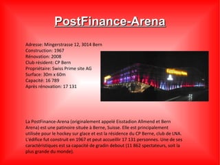 PostFinance-Arena
Adresse: Mingerstrasse 12, 3014 Bern
Construction: 1967
Rénovation: 2008
Club résident: CP Bern
Propriétaire: Swiss Prime site AG
Surface: 30m x 60m
Capacité: 16 789
Après rénovation: 17 131




La PostFinance-Arena (originalement appelé Eisstadion Allmend et Bern
Arena) est une patinoire située à Berne, Suisse. Elle est principalement
utilisée pour le hockey sur glace et est la résidence du CP Berne, club de LNA.
L'édifice fut construit en 1967 et peut accueillir 17 131 personnes. Une de ses
caractéristiques est sa capacité de gradin debout (11 862 spectateurs, soit la
plus grande du monde).
 