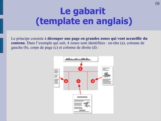 Le gabarit  (template en anglais) Le principe consiste à  découper une page en grandes zones qui vont accueillir du contenu . Dans l’exemple qui suit, 4 zones sont identifiées : en-tête (a), colonne de gauche (b), corps de page (c) et colonne de droite (d) : 10 