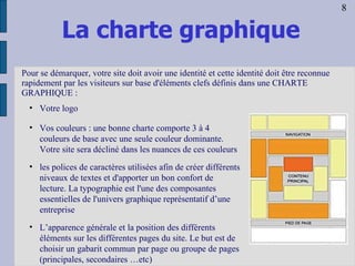 La charte graphique Votre logo  Vos couleurs : une bonne charte comporte 3 à 4 couleurs de base avec une seule couleur dominante. Votre site sera décliné dans les nuances de ces couleurs  les polices de caractères utilisées afin de créer différents niveaux de textes et d'apporter un bon confort de lecture. La typographie est l'une des composantes essentielles de l'univers graphique représentatif d’une entreprise L’apparence générale et la position des différents éléments sur les différentes pages du site. Le but est de choisir un gabarit commun par page ou groupe de pages (principales, secondaires …etc) Pour se démarquer, votre site doit avoir une identité et cette identité doit être reconnue rapidement par les visiteurs sur base d'éléments clefs définis dans une CHARTE GRAPHIQUE  : 8 