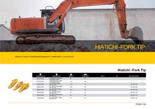 MANUFACTURER OF ENGENEERED PRODUCTS · SPARE PARTS · CATALOG 2014
HIATICHI -FORK TIP
PAGE-124

TURBO PART Nº WEIGHT
DESCRIPTION
Hiatichi -Fork Tip
205-70-T4272
207-70-T4212
56600-51382
56600-51482
56600-51492
56700-50372
56700-50382
56700-50392
16
15.7
17.5
23.5
23.5
24
40
40
ZW 180 / 220
ZW 180 / 220
ZW 180 / 220
ZW 250 / 310
ZW 250 / 310
ZW 250 / 310
38
40
36
36
36
45
45
45
PIN
TEETH MACHINE MODEL
BLADE SIZE
Komatsu fork Tip--Turkey
market-Blade 38mm
Komatsu fork Tip--Turkey
market-Blade 38mm
Tip - CENTER Hiatichi
ZW180 / 220
Tip - RIGHT SIDE Hiatichi
ZW 180 / 220
Tip - LEFT SIDE Hiatichi
ZW 180 / 220
Tip - CENTER Hiatichi
ZW 250 / 310
Tip - RIGHT SIDE Hiatichi
ZW 250 / 310
Tip - LEFT SIDE Hiatichi
ZW 250 / 310
 