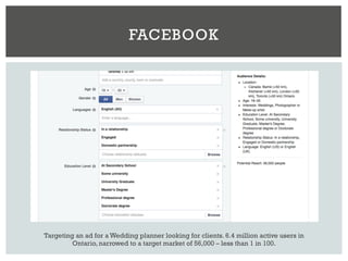 FACEBOOK
Targeting an ad for a Wedding planner looking for clients. 6.4 million active users in
Ontario, narrowed to a target market of 56,000 – less than 1 in 100.
 