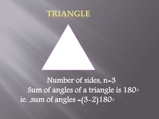 Number of sides, n=3
Sum of angles of a triangle is 180◦
ie. ,sum of angles =(3-2)180◦
 