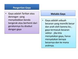 Pengertian Gaya
• Gaya adalah Tarikan atau
dorongan yang
menyebabkan benda
bergerak atau berhenti dari
gerakannya itu disebut
dengan gaya
Melukis Gaya
• Gaya adalah sebuah
besaran yang memilki besar
dan arah oleh karena itu ,
gaya termasuk besaran
vektor . jika kita
menyatakan gaya, harus
menyatakan berapa
besarnya dan ke mana
arahnya.
 