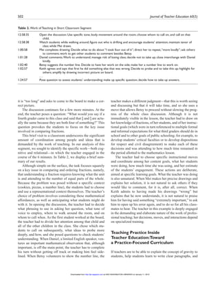 502 Journal of Teacher Education 60(5)
it is “too long” and asks to come to the board to make a cor-
rect picture.
The discussion continues for a few more minutes. At the
end, the teacher poses a question: “What would you say if a
fourth grader came to this class and said that 4
–8 and 4
–4 are actu-
ally the same because they are both four of something?” This
question provokes the students to focus on the key issue
involved in comparing fractions.
This brief visit to a classroom underscores the significant
amount of coordination among people and ideas that is
demanded by the work of teaching. In our analysis of this
segment, we sought to identify the specific work—both cog-
nitive and relational—in which the teacher engaged in the
course of the 6 minutes. In Table 2, we display a brief sum-
mary of our results.
Although simple on the surface, the task focuses squarely
on a key issue in comparing and ordering fractions, namely,
that understanding a fraction requires knowing what the unit
is and attending to the number of equal parts of the whole.
Because the problem was posed without a specific context
(cookies, pizzas, a number line), the students had to choose
and use a representational context themselves. The teacher’s
choice of problem involves considering these mathematical
affordances, as well as anticipating what students might do
with it. In opening the discussion, the teacher had to decide
what phrasing to use in asking her question, what tone of
voice to employ, where to walk around the room, and on
whom to call when. As the first student worked at the board,
the teacher had to divide her attention among that child and
all of the other children in the class. She chose which stu-
dents to call on subsequently, what ideas to probe more
deeply, and how, and she posed questions to check students’
understanding. When Daniel, a limited English speaker, ven-
tures an important mathematical observation that, although
important, is off the main point, the teacher has to complete
his turn without getting off track or making him feel side-
lined. When Betsy volunteers to show the number line, the
teacher makes a different judgment—that this is worth seeing
and discussing but that it will take time, and so she uses a
move that allows Betsy to proceed without slowing the prog-
ress of the whole class discussion. Although it is not
immediately visible in the lesson, the teacher had to draw on
her knowledge of fractions, of her students, and of her instruc-
tional goals (which were in turn referenced to multiple formal
and informal expectations for what third graders should do in
school and to other goals of public schooling; for example, to
develop students’ critical faculties or to develop dispositions
for respect and civil disagreement) to make each of these
decisions and was attending to how much time remained in
the period allotted to the mathematics lesson.
The teacher had to choose specific instructional moves
and coordinate among her content goals, what her students
were doing, how much time she was using, and her estimate
of the students’ engagement. These actions are deliberate,
aimed at specific learning goals. What the teacher was doing
is also unnatural. When Mei makes her precise drawings and
explains her solution, it is not natural to ask others if they
would like to comment, for it is, after all, correct. When
Keith admits to having made his drawings “wrong” but
explains that he now understands, it is not natural to praise
him for having said something “extremely important,” to ask
him to open up his error again, and to do so for all his class-
mates to hear. The teacher in this example is deeply engaged
in the demanding and elaborate nature of the work of profes-
sional teaching; her decisions, moves, and interactions depend
on specialized training.
Teaching Practice Inside
Teacher Education:Toward
a Practice-Focused Curriculum
If teachers are to be able to explain the concept of gravity to
students, help students learn to write clear paragraphs, and
Table 2. Work of Teaching in Short Classroom Segment
12:58:35 Open the discussion: Use specific tone, body movement around the room, choose whom to call on, and call on that
child.
12:58:38 Watch students while walking around; figure out who is drifting and encourage students’ attention; maintain tenor of
class while Mei draws.
1:00:58 Mei completes drawing. Decide what to do about “I took four out of it”; direct her to repeat,“more loudly”; ask others
to comment; work to get other students to comment besides Betsy.
1:01:28 Daniel comments.Work to understand; manage risk of losing class; decide not to take up; close interchange with Daniel
kindly.
1:02:40 Betsy suggests the number line. Decide to have her work on the side; make her a number line to work on.
1:02:57 Keith agrees and says that first he did something else that was wrong. Decide to probe and to take this up; highlight for
others; amplify by drawing incorrect picture on board.
. . .
1:24:57 Pose question to assess students’ understanding; make up specific question; decide how to take up answers.
at UNIV WASHINGTON LIBRARIES on January 11, 2010http://jte.sagepub.comDownloaded from
 