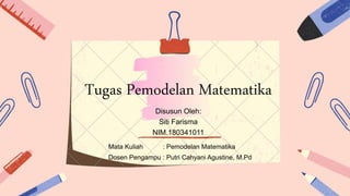 Tugas Pemodelan Matematika
Disusun Oleh:
Siti Farisma
NIM.180341011
Mata Kuliah : Pemodelan Matematika
Dosen Pengampu : Putri Cahyani Agustine, M.Pd
 