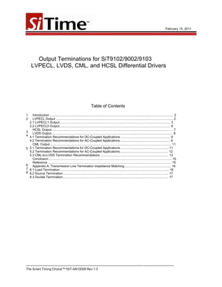 February 15, 2011




       Output Terminations for SiT9102/9002/9103
     LVPECL, LVDS, CML, and HCSL Differential Drivers




                                                                     Table of Contents

1     Introduction ............................................................................................................................................ 2
2     LVPECL Output ..................................................................................................................................... 2
    2.1 LVPECL1 Output.............................................................................................................................. 3
    2.2 LVPECL0 Output.............................................................................................................................. 6
      HCSL Output.......................................................................................................................................... 7
3     LVDS Output.......................................................................................................................................... 8
4   4.1 Termination Recommendations for DC-Coupled Applications ........................................................ 9
    4.2 Termination Recommendations for AC-Coupled Applications......................................................... 9
      CML Output.......................................................................................................................................... 11
5   5.1 Termination Recommendations for DC-Coupled Applications ...................................................... 11
    5.2 Termination Recommendations for AC-Coupled Applications....................................................... 12
    5.3 CML-to-LVDS Termination Recommendations ............................................................................. 13
      Conclusion ........................................................................................................................................... 15
      Reference ............................................................................................................................................ 15
6     Appendix A: Transmission Line Termination Impedance Matching .................................................... 16
7   8.1 Load Termination ........................................................................................................................... 16
8   8.2 Source Termination........................................................................................................................ 17
    8.3 Double Termination........................................................................................................................ 17




--------------------------------------------------------------------------------------------------------------------------------------------
The Smart Timing Choice™1SiT-AN10009 Rev 1.3
 