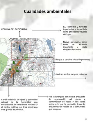 ZONIFICACIONEl uso de suelo urbano predominante del sector es el de vivienda y tipología mixta (ver gráfico 6), las zonas comerciales influenciadas directamente por las actividades del aeropuerto se ubican directamente hacia la Av. La Prensa e indirectamente hacia la Av. Amazonas. Existen pocas áreas verdes y recreativas en el sector, el único espacio verde de gran dimensión es de uso privado. Hay centros educativos que abastecen al sector, áreas de culto, un hospital que brinda el servicio al sector, y áreas industriales que deberían ser trasladas fuera de las áreas residenciales. Referente a la tipología de las manzanas son de tipo aisladas, pareadas, en línea de fabrica y continuas, de formas regulares e irregulares, con alturas de edificación que van de uno a cuatro pisos y en ciertos casos sobre pasan esta altura. El Coeficiente de Ocupación del Suelo (COS) del sector es casi total y la presencia de terrenos baldíos en los sectores colindantes es casi nula y hacia la zona occidental en pequeñas proporciones.De acuerdo al Gráfico 8 hacia la Av. La Prensa existe una mayor tendencia de crecimiento en altura que en la Av. Galo Plaza sobrepasando los 4 pisos de altura, con incumplimiento a la zonificación B304PB y B304 en la parroquia la Concepción, que nos da una pauta de cuales serian las primeras áreas en las que se incrementaría la utilización de suelo luego de la salida del aeropuerto.33