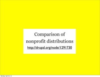 Comparison of
nonprofit distributions
http://drupal.org/node/1291730
Monday, April 22, 13
 